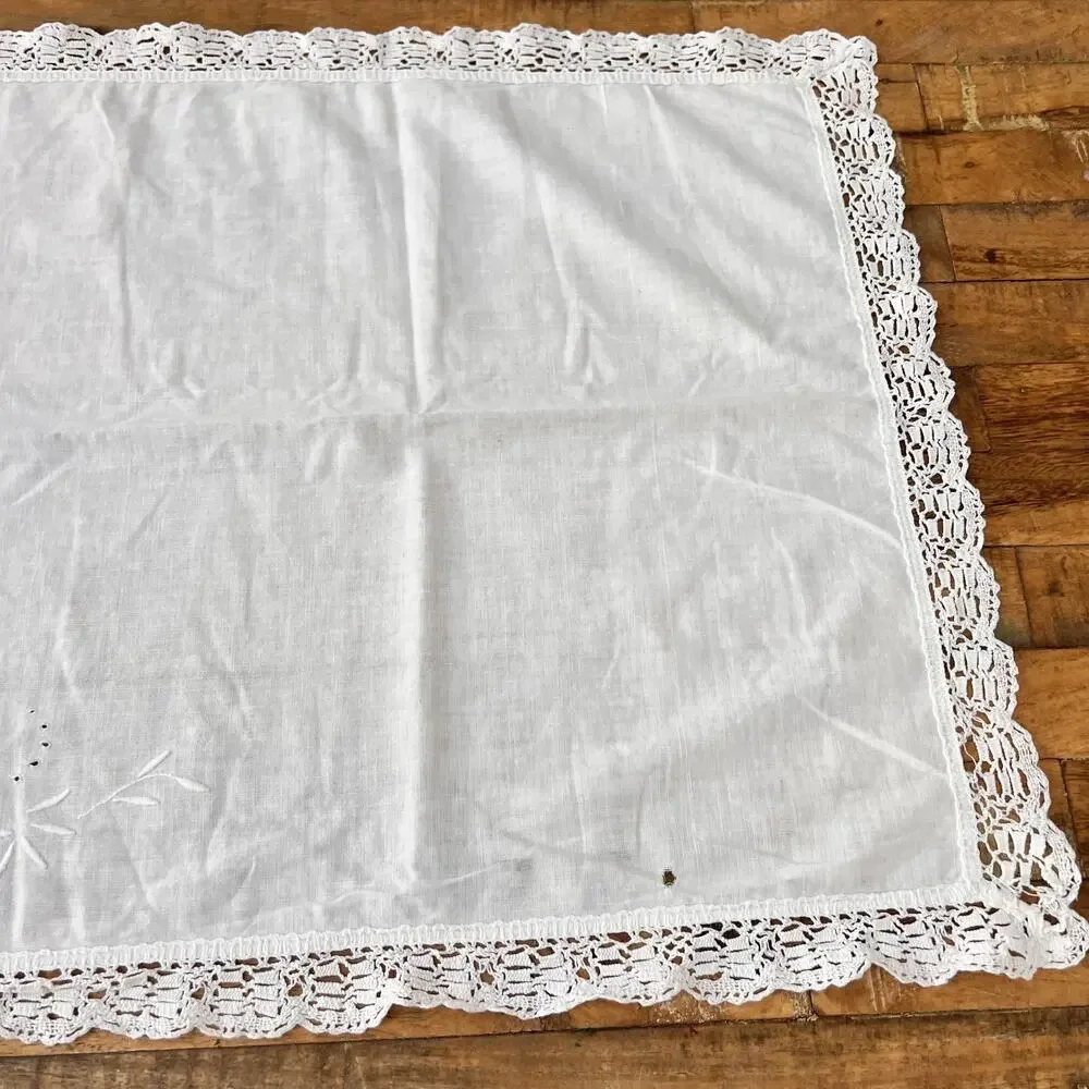 Vtg Linen Cotton Tablecloth Crochet Rectangle 20x41.5